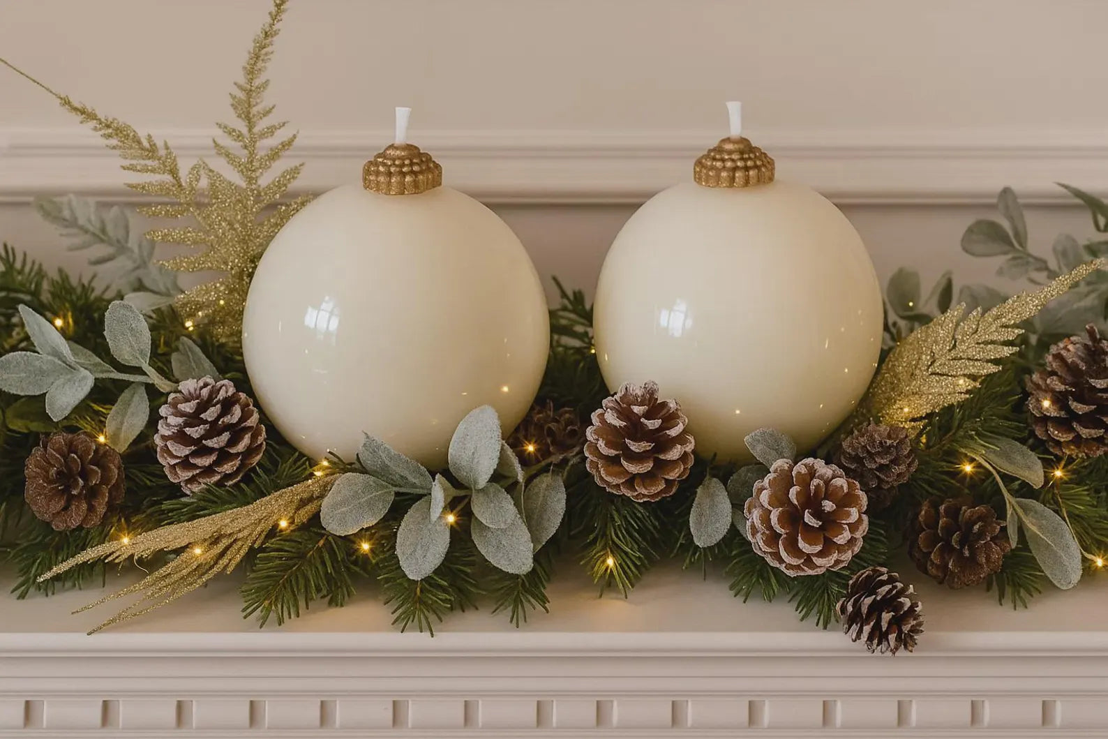 Decorative Christmas mantel with white ornaments, greenery, and pinecones.