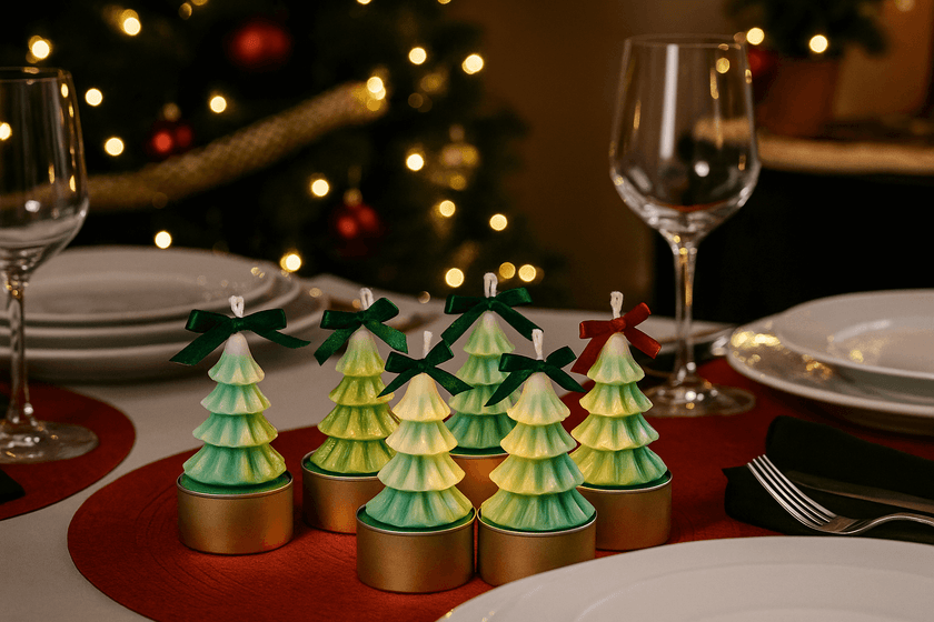 Decorative Christmas tree candles on a table with wine glasses and plates, festive lights in the background