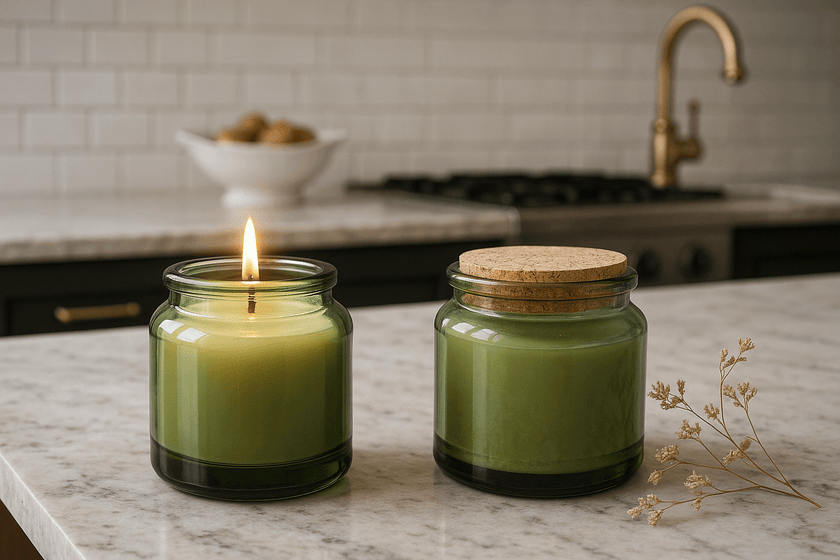 Decorative soy candles in green jars with cork lids, styled on a marble kitchen counter.