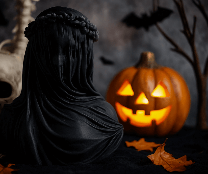 Decorative black soy wax candle in gothic veiled woman shape, perfect for Halloween centerpiece

