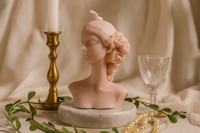 Decorative candle bust with floral hairpiece on a neutral background