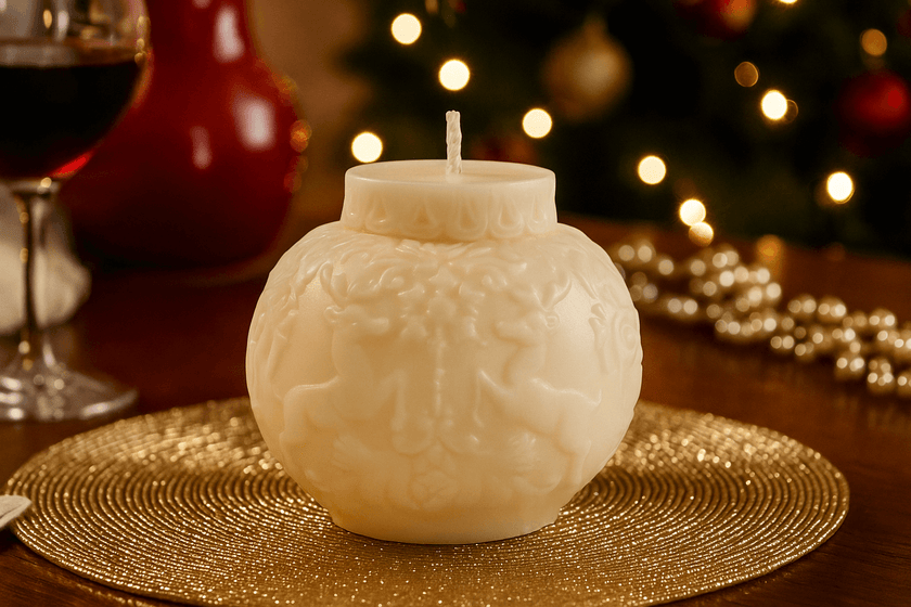 Decorative candle on a gold coaster with a festive background