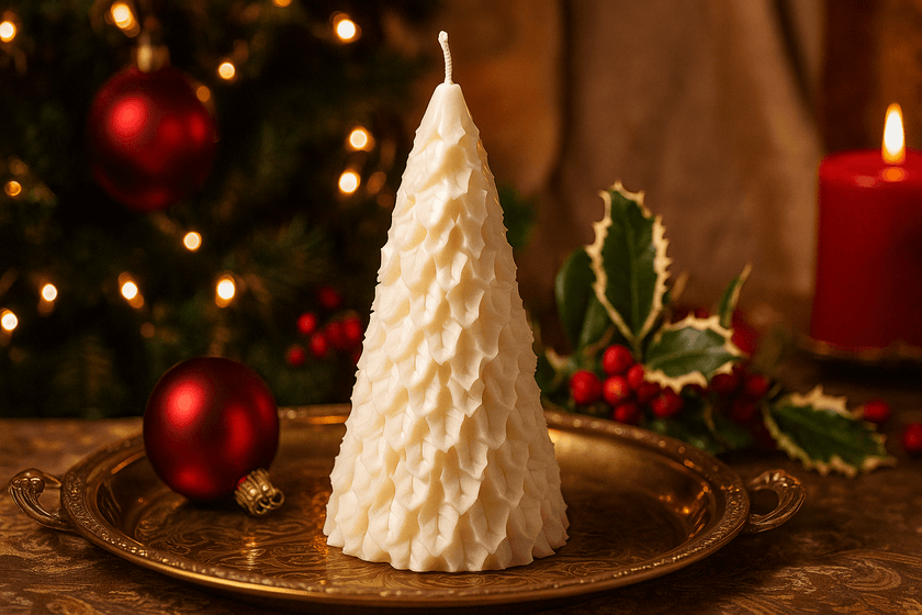 Decorative candle shaped like a Christmas tree on a gold plate with festive background
