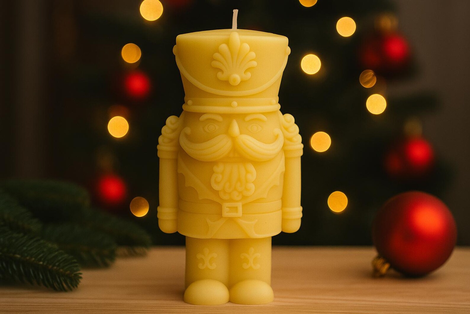 Decorative nutcracker candle with Christmas tree and ornaments in the background