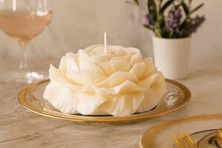 Decorative candle shaped like a rose on a gold plate with a glass of wine and flowers in the background.
