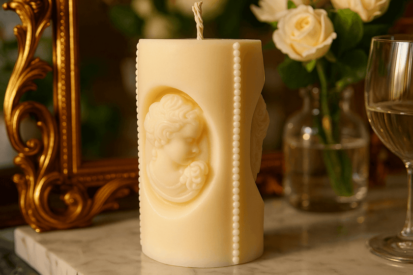 Decorative candle with a face design on a marble surface with a glass of wine and flowers in the background.