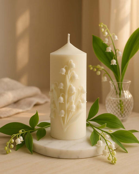 Decorative candle with floral design on a marble base, surrounded by green leaves and a vase with flowers.