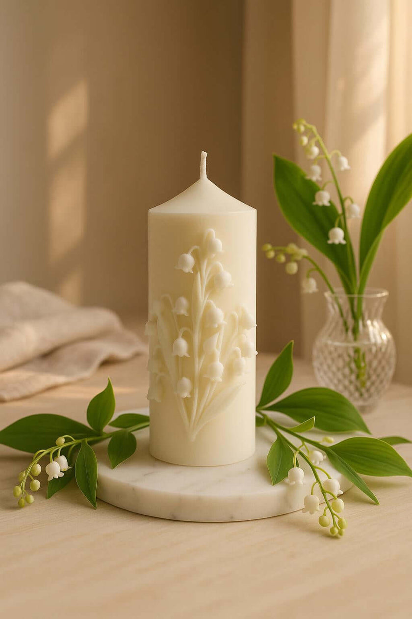 Decorative candle with floral design on a marble base, surrounded by green leaves and a vase with flowers.