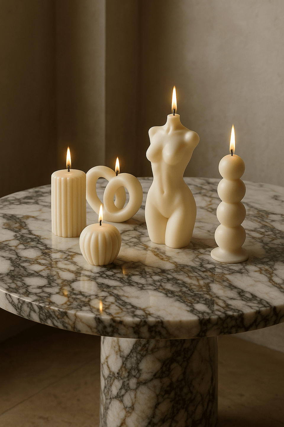 Decorative candles and candle holders on a marble table with a neutral background