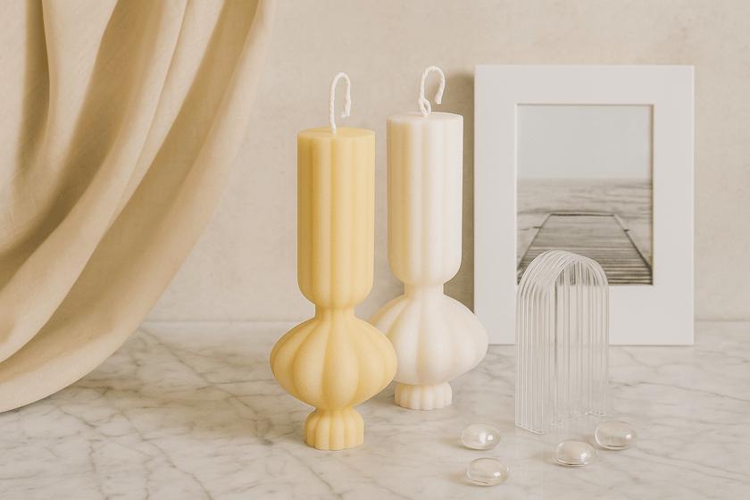 Decorative candles with unique shapes on a marble surface next to a framed picture.