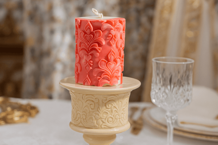 Decorative coral candle with intricate patterns on a beige holder, set against a blurred background with tableware.