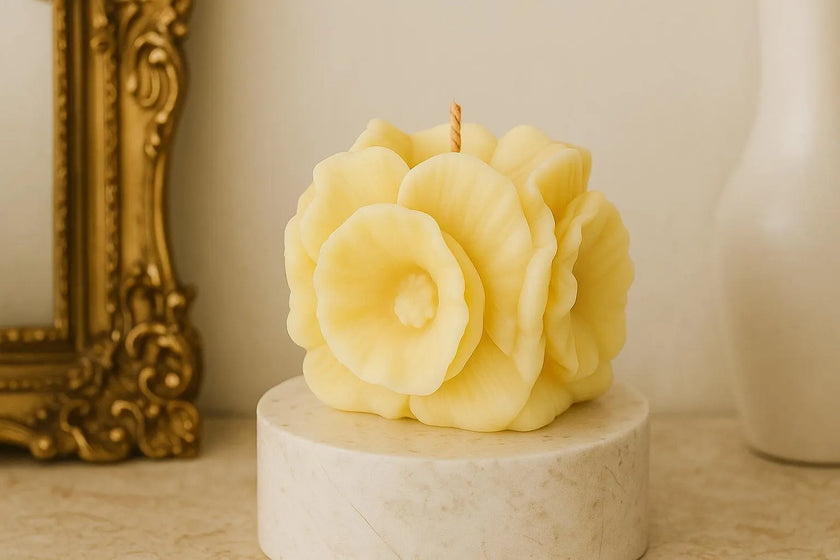 Decorative candle shaped like a flower on a marble base with a gold frame and white vase in the background.