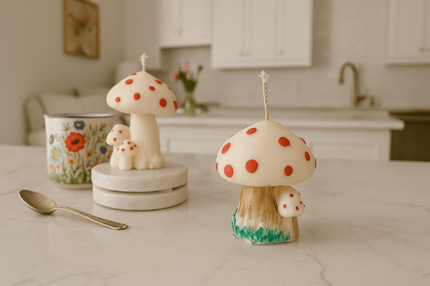 Decorative mushroom candle placed on wooden tray, natural light highlights soy wax texture and paint detail.