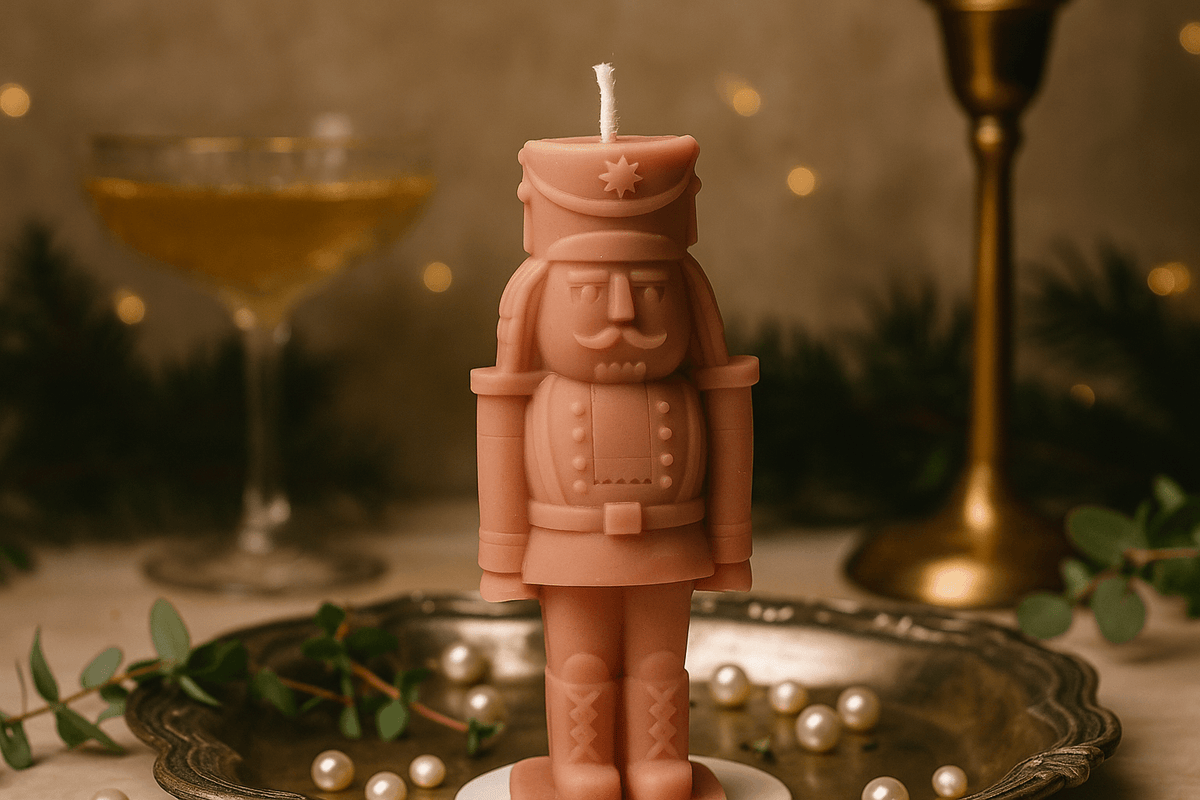 Decorative nutcracker candle on a table with a cocktail and decorative elements.