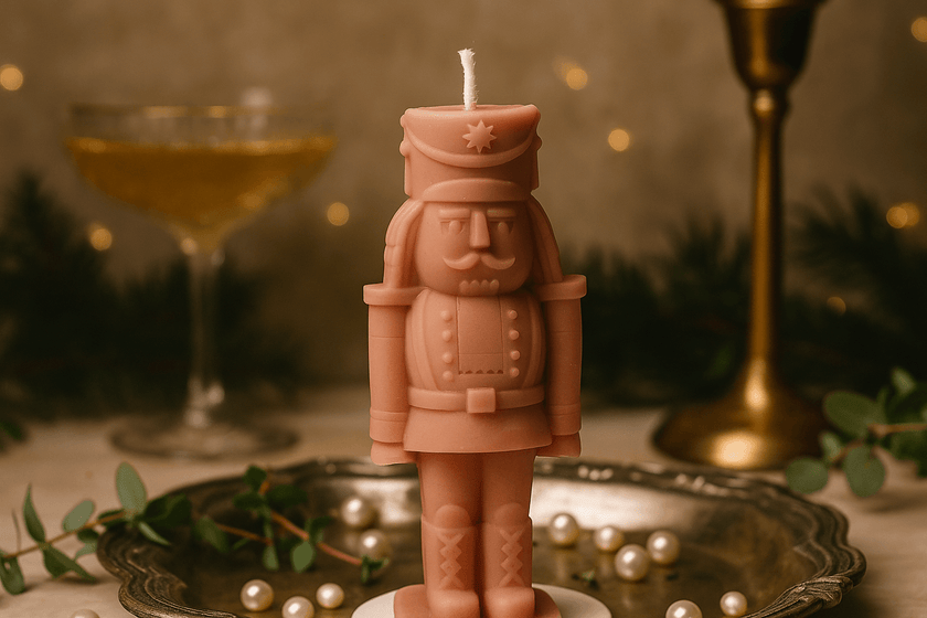Decorative nutcracker candle on a table with a cocktail and decorative elements.