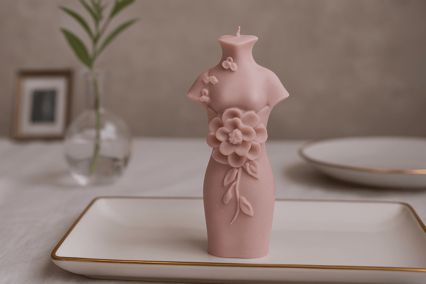 Decorative pink candle shaped like a traditional Chinese garment on a white plate with a neutral background.
