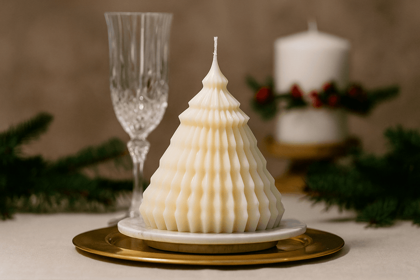 Decorative white candle shaped like a Christmas tree on a table with a glass and other candles in the background.
