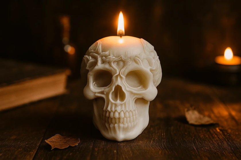 Skull-shaped candle with a lit wick on a dark wooden surface.