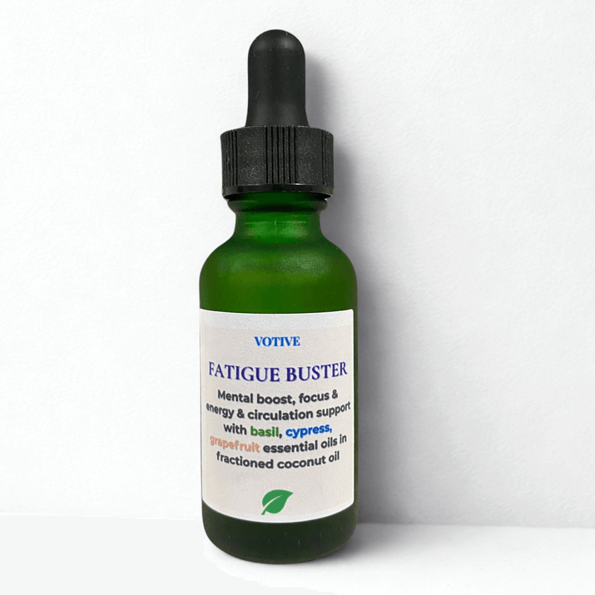 Green bottle labeled 'Fatigue Buster' with dropper on a white background