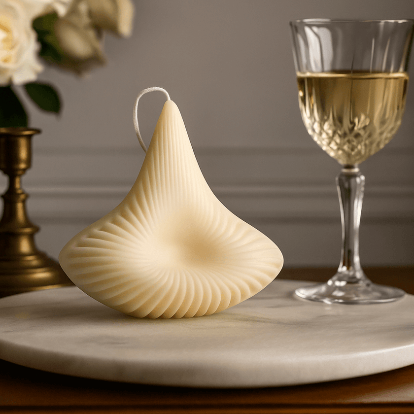 Ripple Dome Candle in soft white, showcasing wave-inspired design on a decorative base, perfect for minimalist decor.