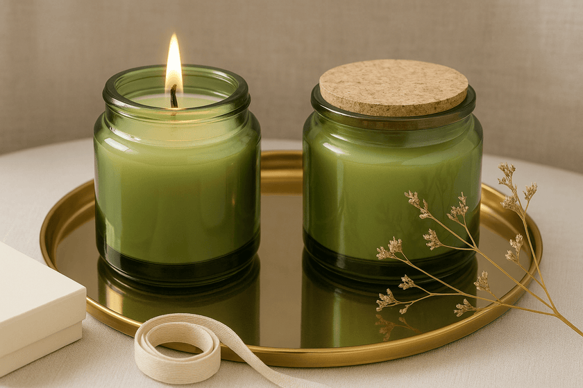 Natural soy candles in green jars, bergamot vanilla and coconut lime scents, displayed on tray.