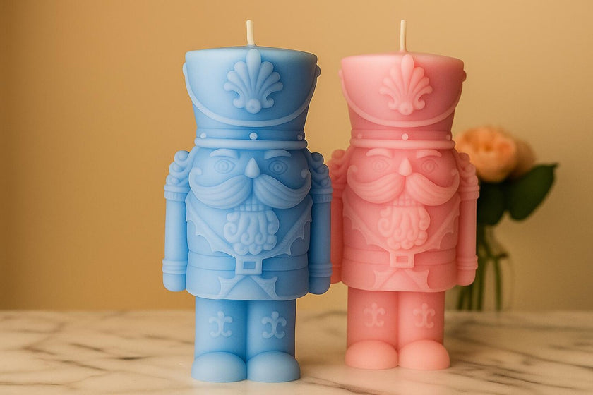 Two toy-like candles, one blue and one pink, on a marble surface with a blurred background.