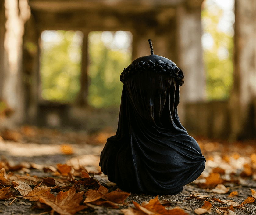 Eco-friendly handmade soy wax candle with gothic veiled woman design for Halloween decorations