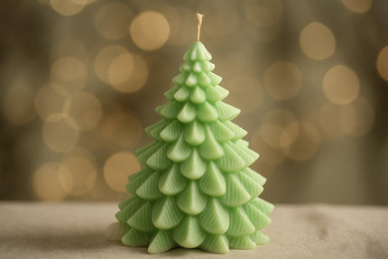 Green Christmas tree-shaped candle with a blurred bokeh background