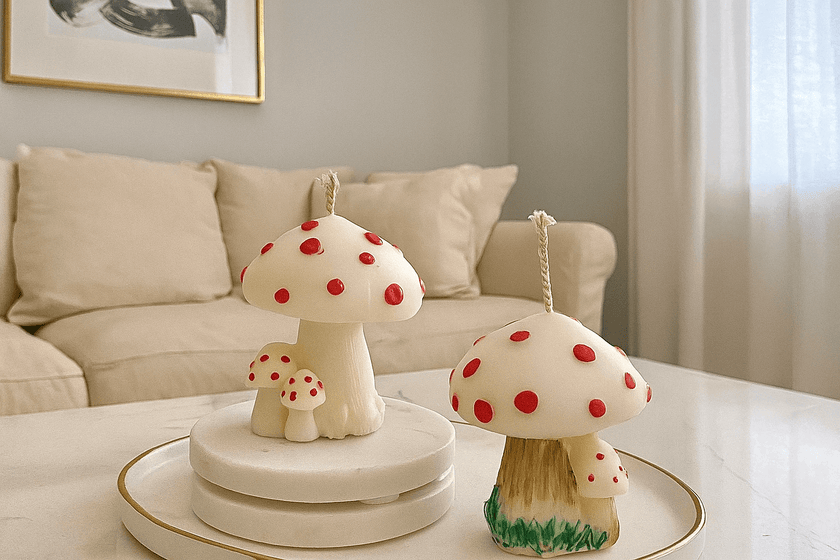 Eco-friendly mushroom candle featuring natural soy wax and wax-based non-toxic paint, artisan handmade.