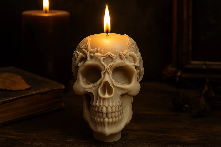 Skull-shaped candle with a lit wick on a dark background