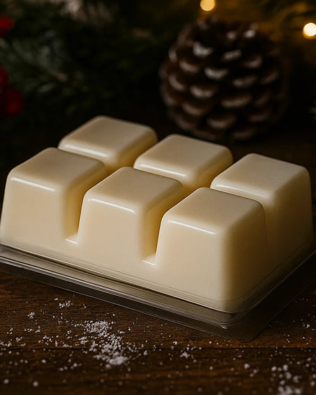 Eco-friendly soy wax melt bars surrounded by festive Christmas decor