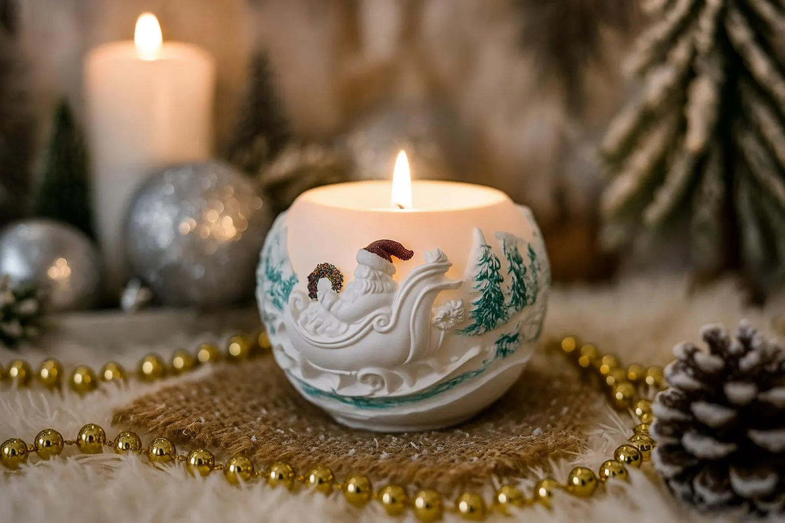Decorative candle with a sleigh design on a table with Christmas decorations.
