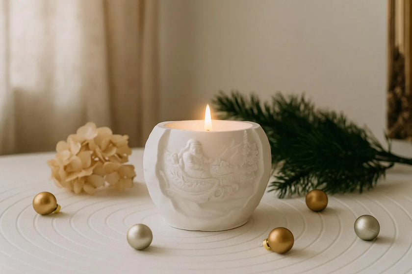 White ceramic candle holder with a lit candle on a table with decorative elements.