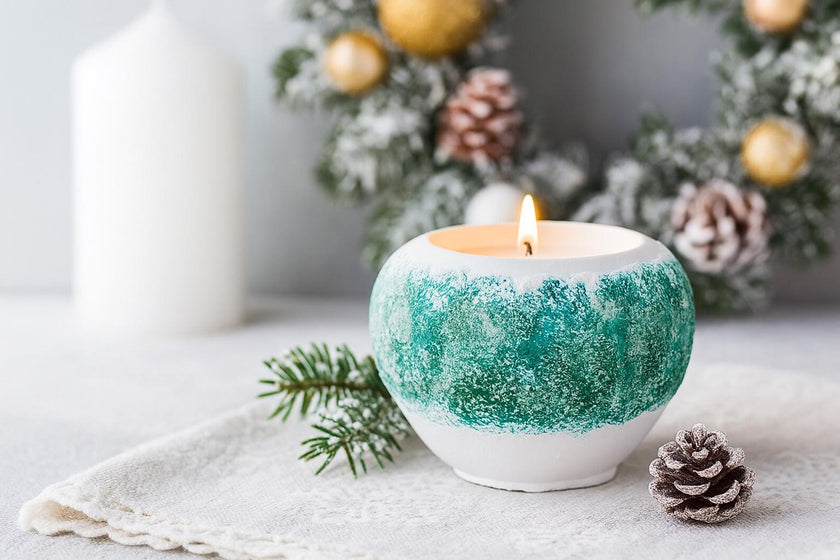 Teal and white ceramic candle holder with a lit candle on a light surface with decorative elements.
