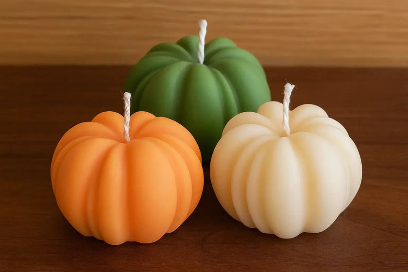 Three pumpkin-shaped candles in green, orange, and white on a wooden surface. Eco-friendly pumpkin soy candles with premium fragrance oils for cozy fall ambiance