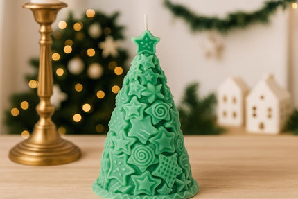 Green Christmas tree-shaped candle on a wooden surface with festive decorations in the background.