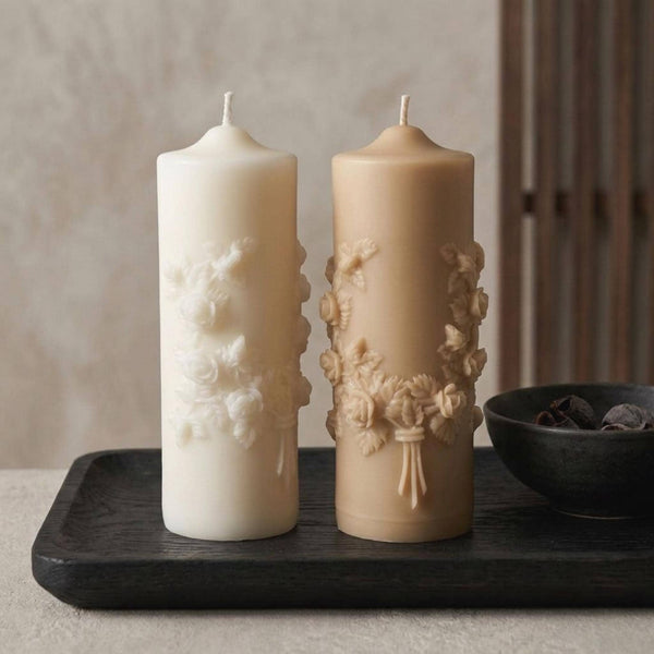 Elegant Floral Embossed Pillar Candle – front view
