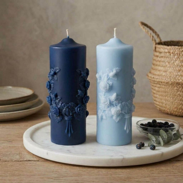 Elegant Floral Embossed Pillar Candle – side view