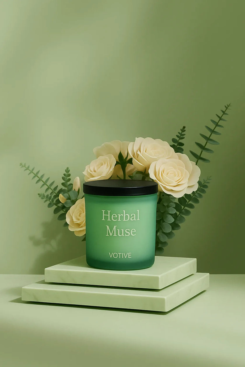 Elegant Herbal Muse natural soy wax candle, hand-poured for a calming eco-friendly home atmosphere.