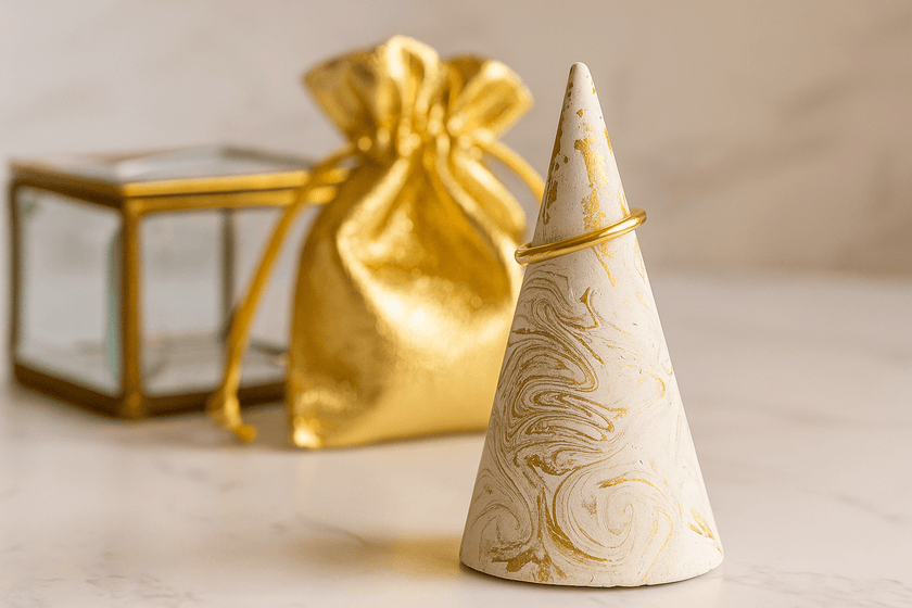 Decorative ring cone with gold marbling on a light surface with a gold gift bag and glass box in the background.