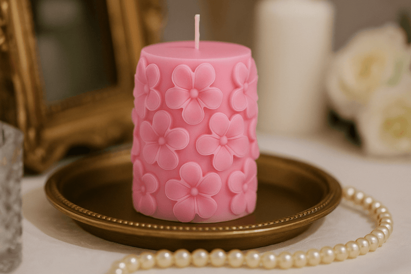 Pink floral-patterned candle on a gold plate with a blurred background