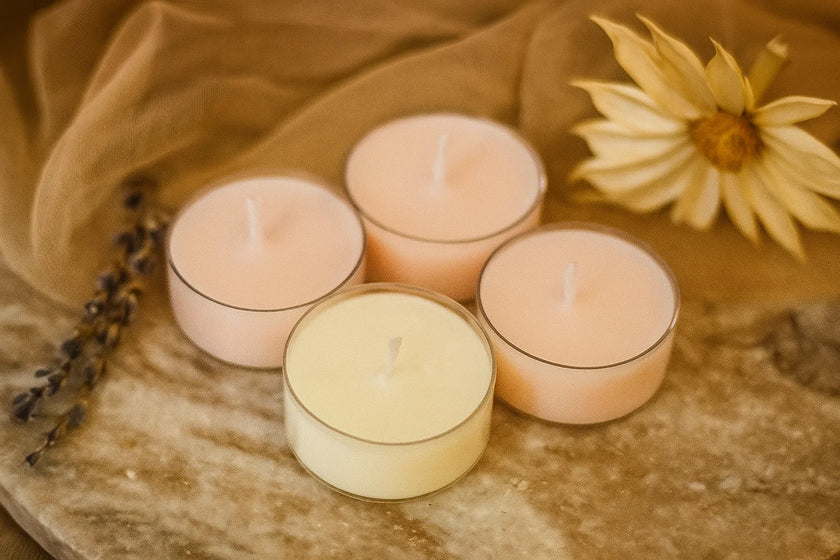 Four tealights candles on a textured surface with a flower and lavender in the background