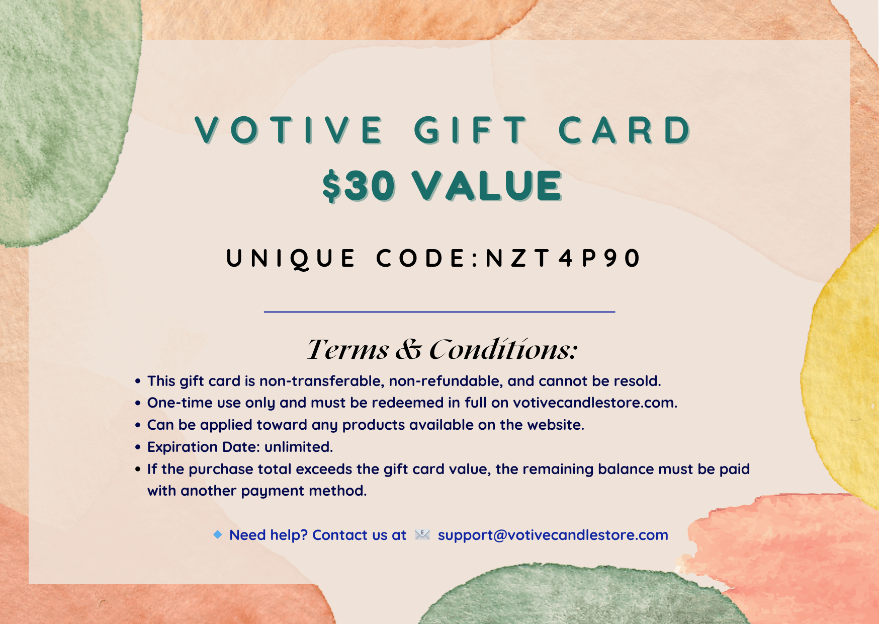 Elegant Votive Gift Card for natural candle selection.