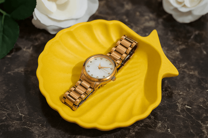 Elegant Yellow jewelry tray holder for an wrist watch .