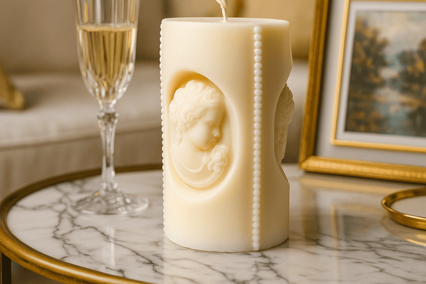 Elegant handcrafted white candle with a detailed profile design, perfect for creating a sophisticated ambiance.