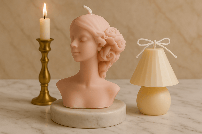 Sculptural candle set featuring woman bust and mushroom lamp-shaped candle on marble tray