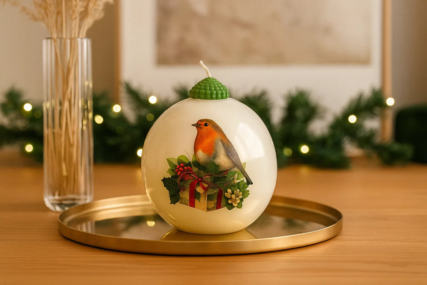 Elegant sculptural ornament candle with soft sheen finish and handcrafted colorful top.