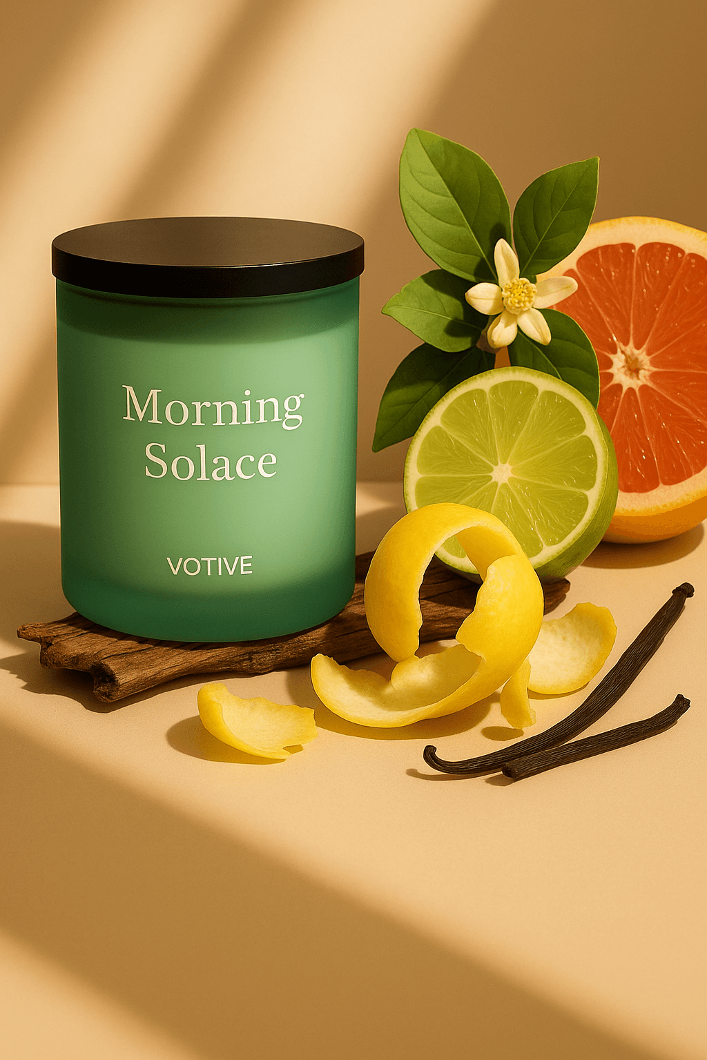 Elegant soy wax candle for morning clarity – geranium, lime and vanilla essential oils in eco-friendly green container