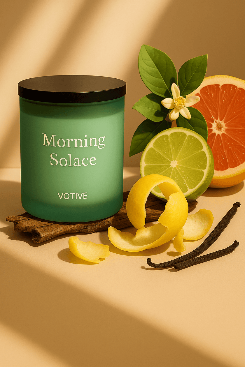 Elegant soy wax candle for morning clarity – geranium, lime and vanilla essential oils in eco-friendly green container