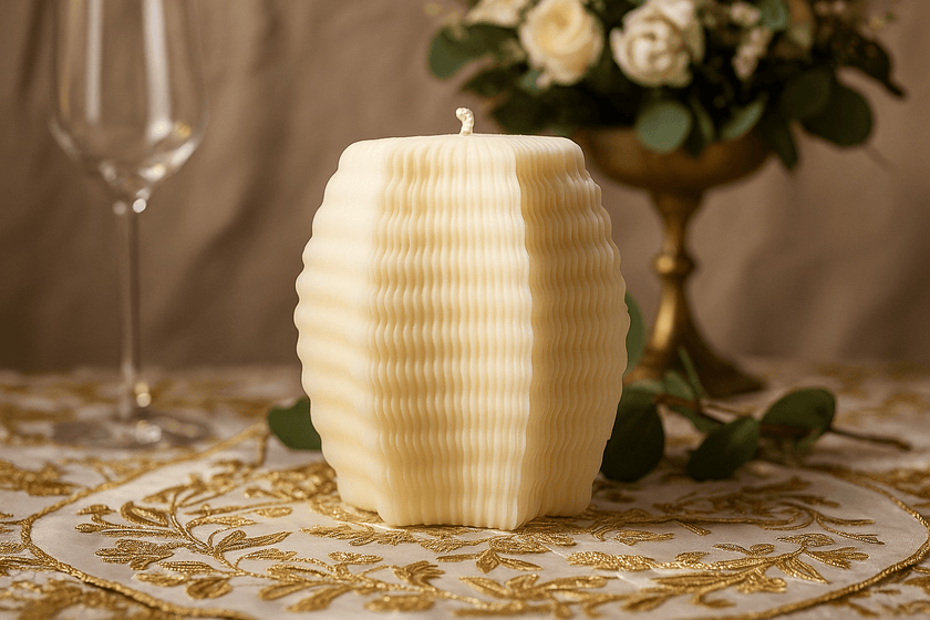 Elegant white natural scented candle with textured design, placed on a coffee table with decorative flowers in the background.